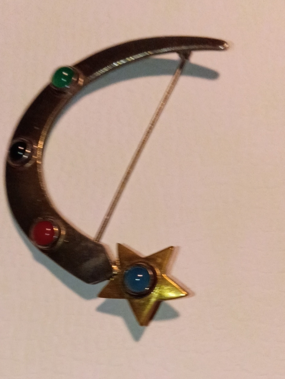 Gold Tone Crescent Moon & Star Pin with Multicolored Cabochons